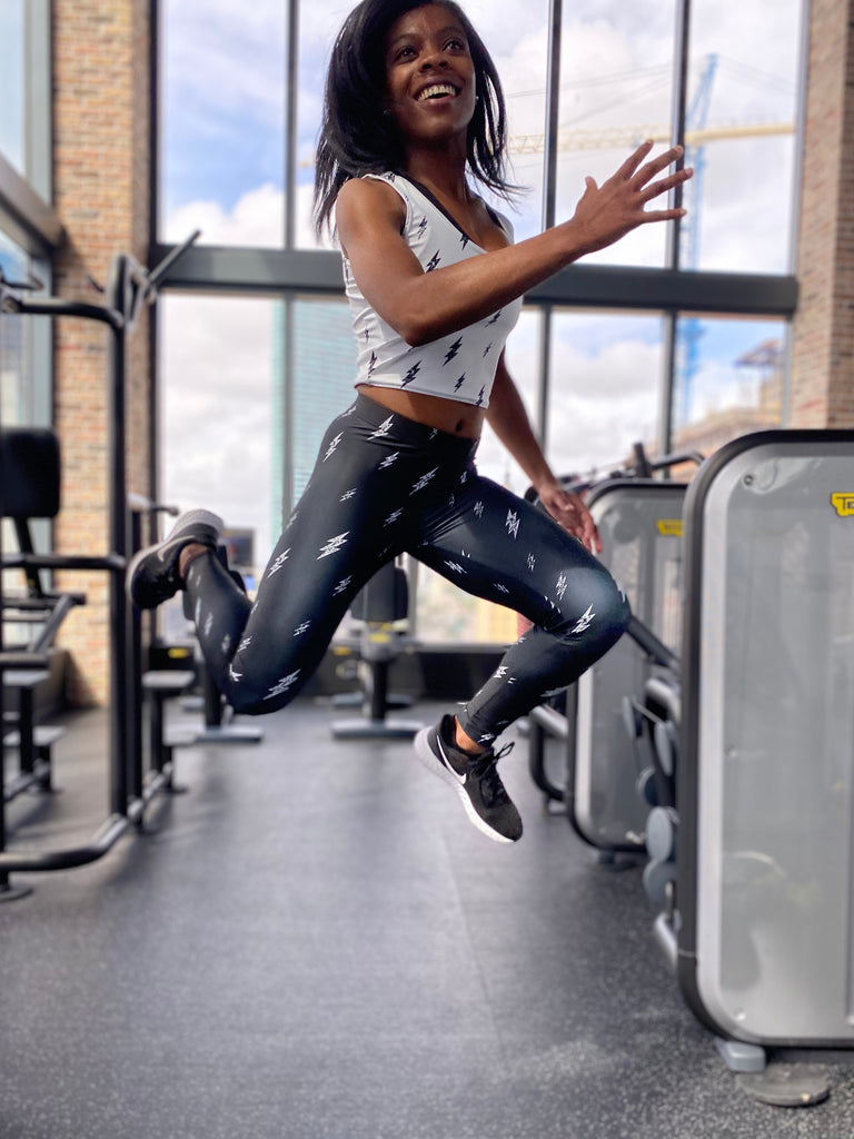 Women's Floating Bolt Leggings (Black Leggings, White Bolts)