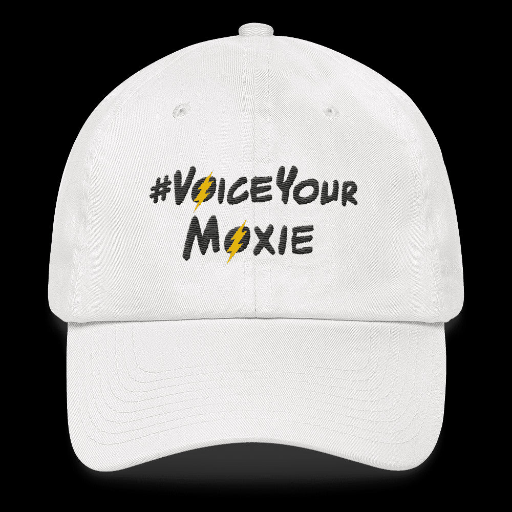 Baseball Hat - #VoiceYourMoxie (Black/Yellow bolt), Hats. Moxie Chic is a brand that promotes girl power with girl empowerment/female empowerment apparel and other products. #VoiceYourMoxie is our handle for social media outreach because Moxie Chic believes every girl should exercise her voice for positive change (#VoiceYourMoxie).  Our brand celebrates and elevates girls.