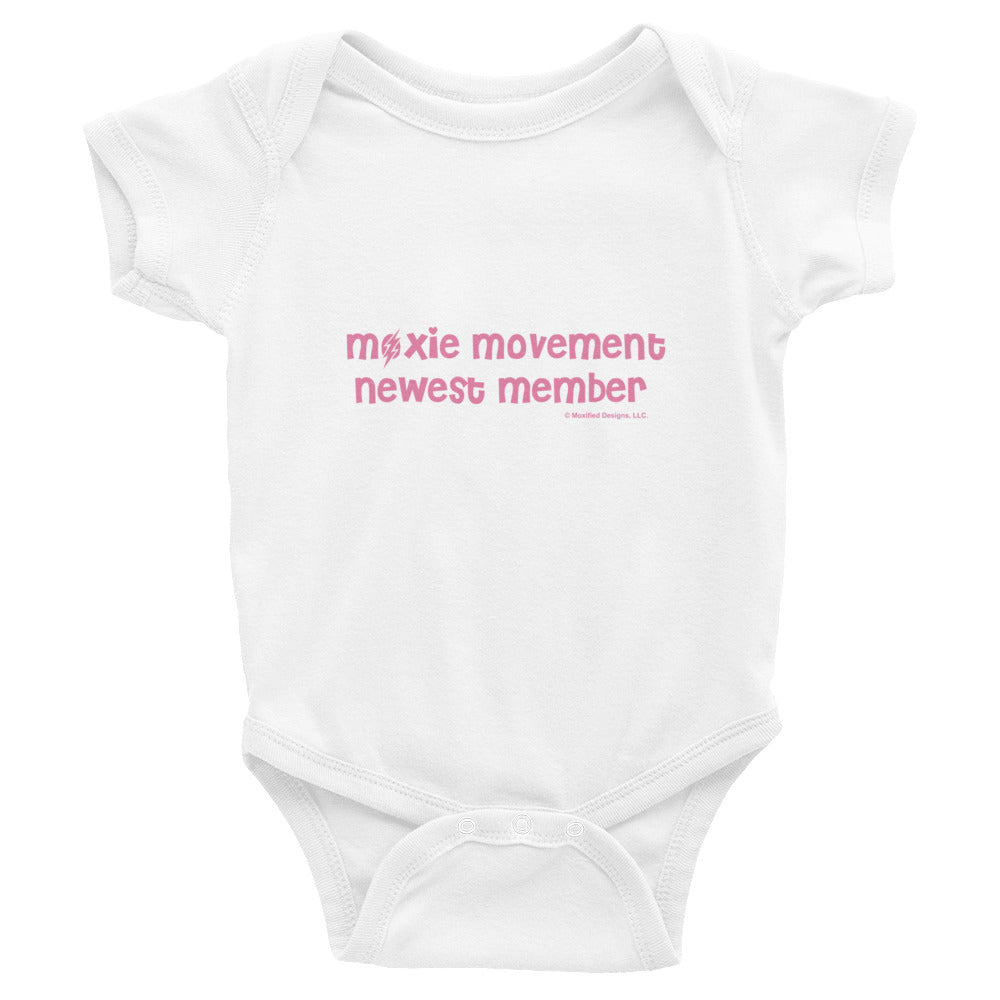 Moxie Movement Newest Member Bodysuit (Pink Text)