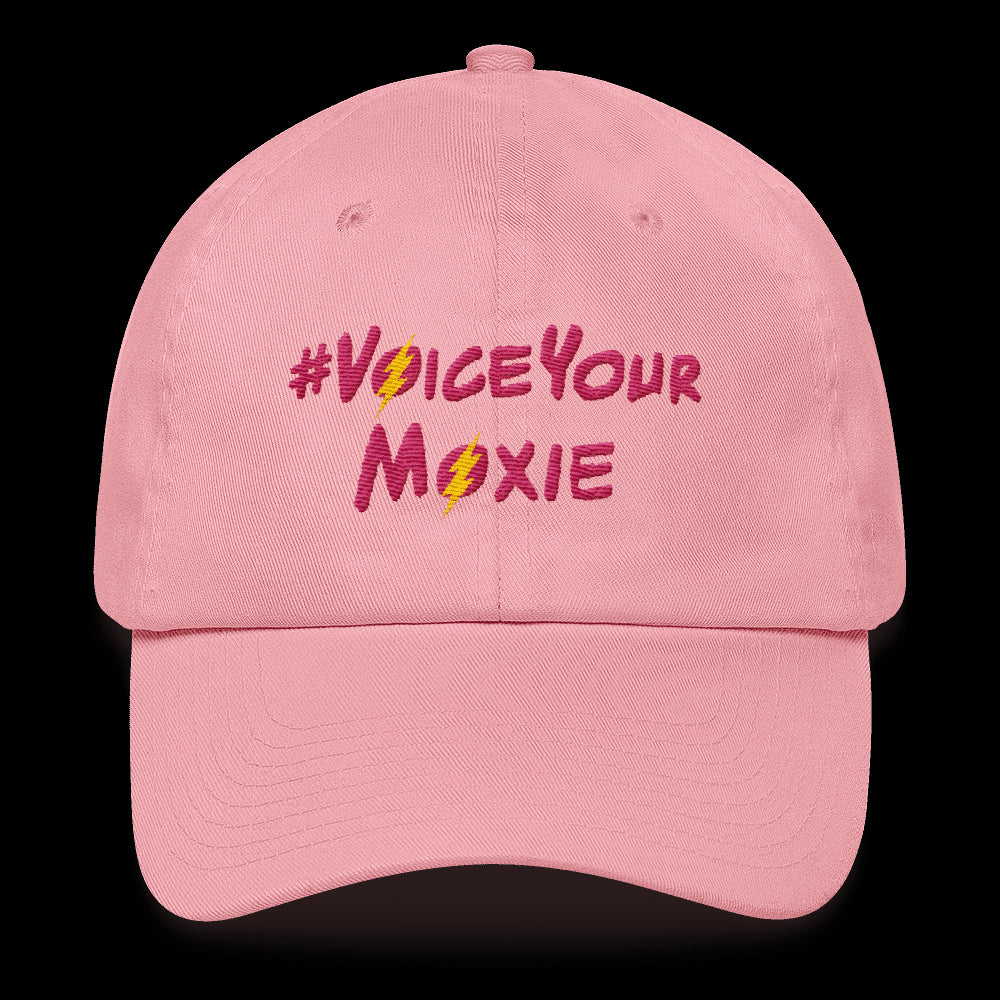 Baseball Hat #VoiceYourMoxie (Pink/Yellow Bolt), Hats. Moxie Chic is a brand that promotes girl power with girl empowerment/female empowerment apparel and other products. #VoiceYourMoxie is our handle for social media outreach because Moxie Chic believes every girl should exercise her voice for positive change (#VoiceYourMoxie).  Our brand celebrates and elevates girls.