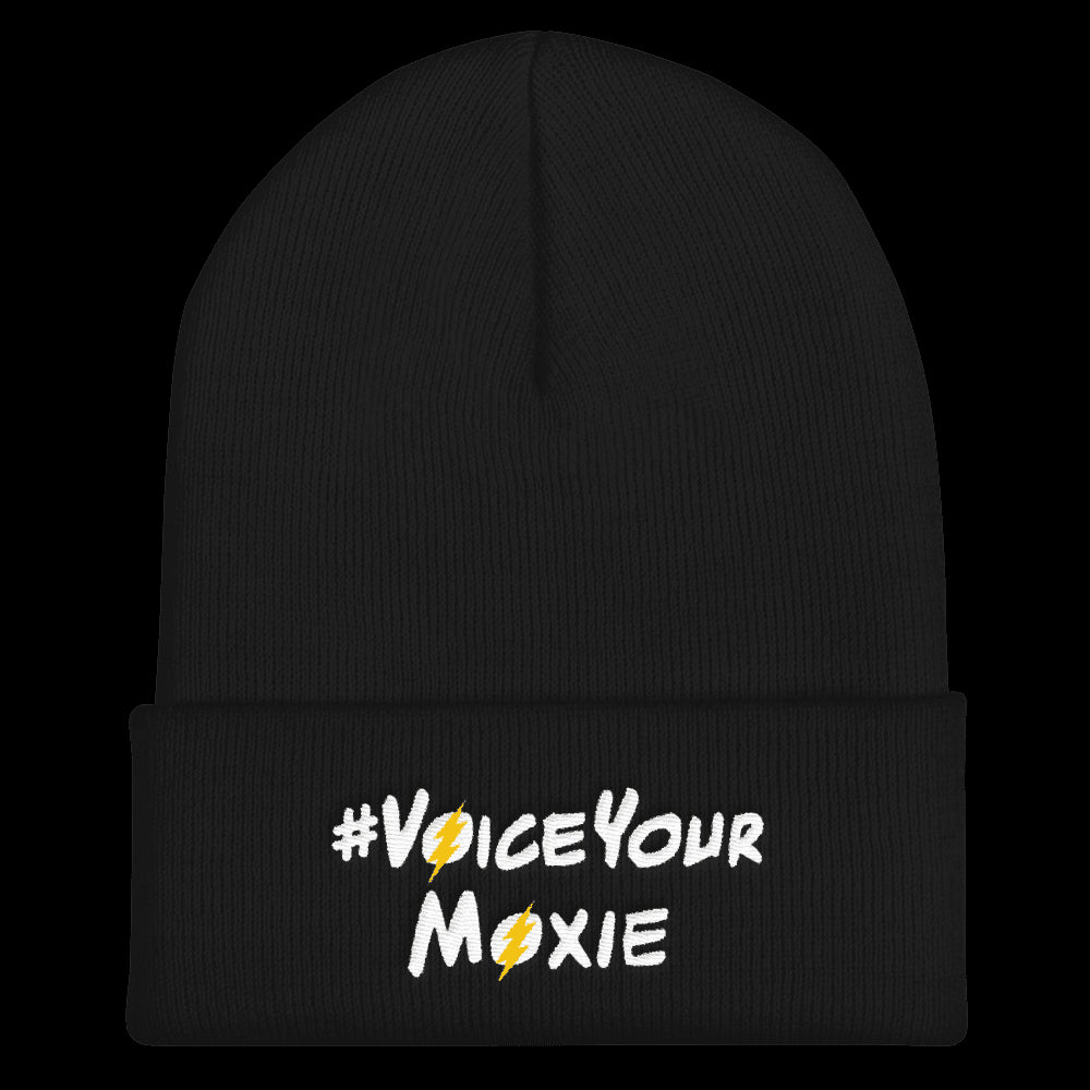Cuffed Beanie (#VoiceYourMoxie White/Yellow Bolt), Cuffed Beanie. Moxie Chic is a brand that promotes girl power with girl empowerment/female empowerment apparel and other products. #VoiceYourMoxie is our handle for social media outreach because Moxie Chic believes every girl should exercise her voice for positive change (#VoiceYourMoxie).  Our brand celebrates and elevates girls.