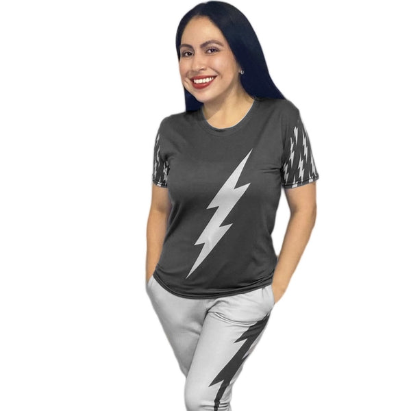 Women's Contrasting Sleeve Bolt Tee (Dark Grey Tee, Light Grey Bolts)