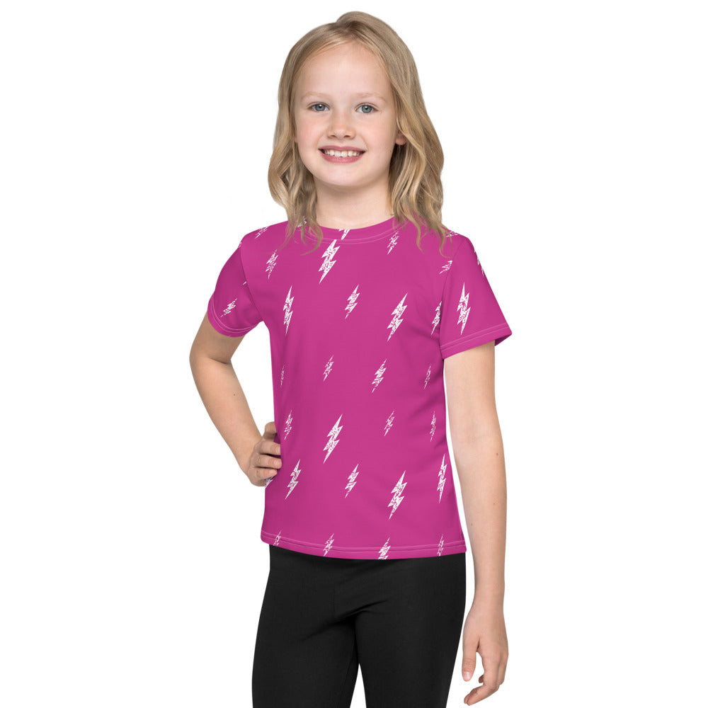 Kids White Floating Bolt Pink Tee (Hot Pink Tee, White Bolts)