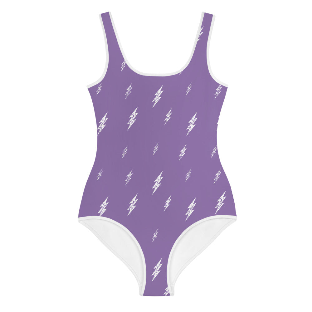 Floating Power Bolt Youth Swimsuit (Lavender Suit, White Bolts)