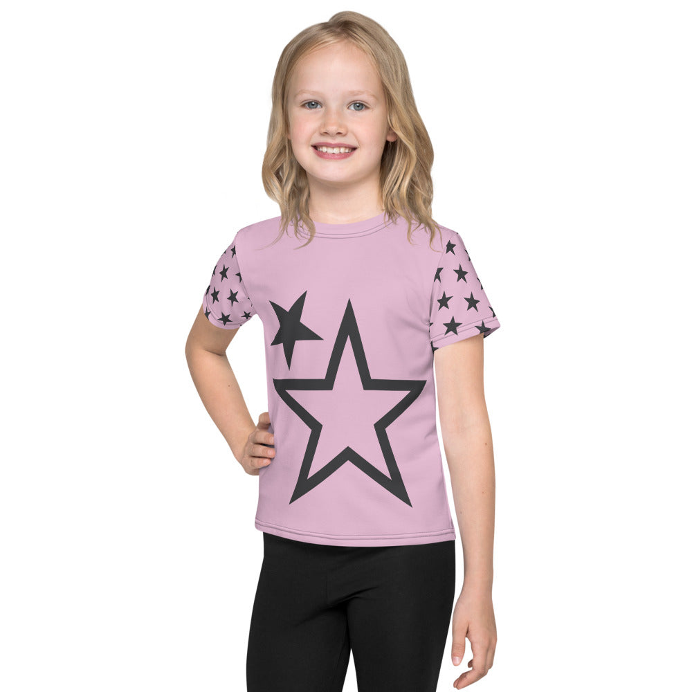 Kids Superstar Contrasting Sleeve Tee (Light Pink Tee, Charcoal Grey Stars)