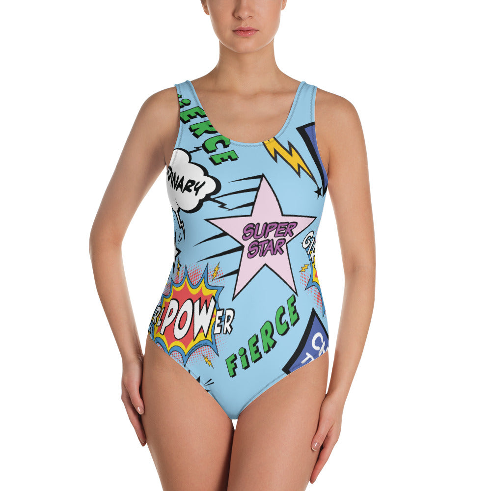 girlPOWer One Piece Women's Swimsuit (Multi, Blue Background)