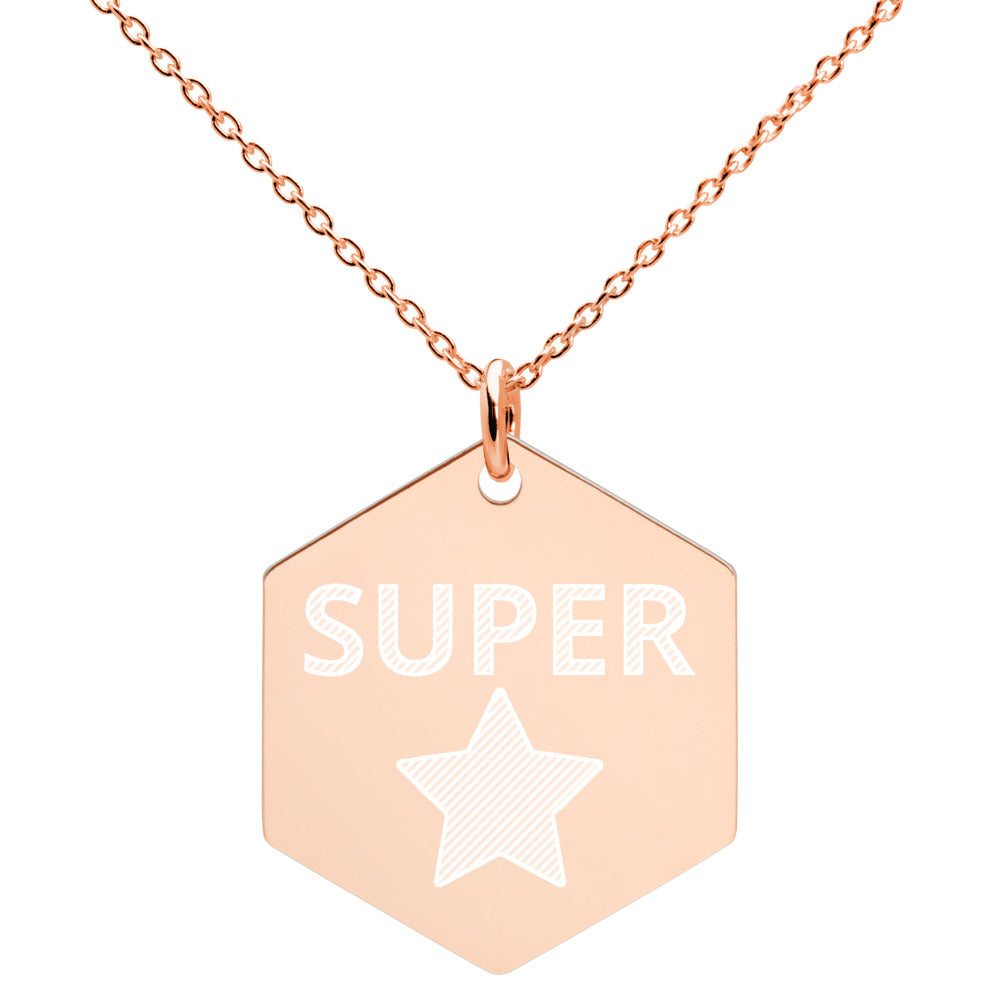 Super Star Engraved Silver Hexagon Necklace