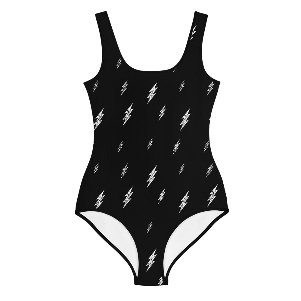 Floating Power Bolt Youth Swimsuit (Black Suit, White Bolts)
