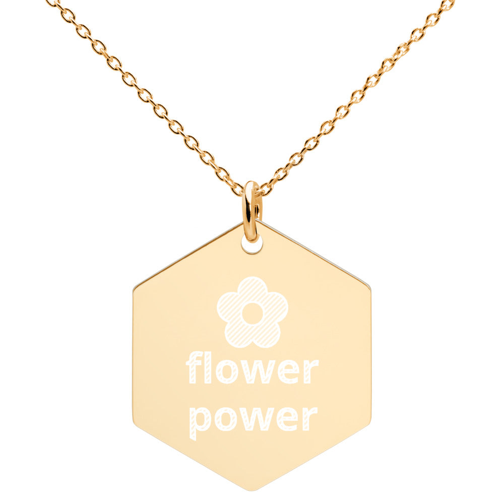 Flower Power Engraved Silver Hexagon Necklace