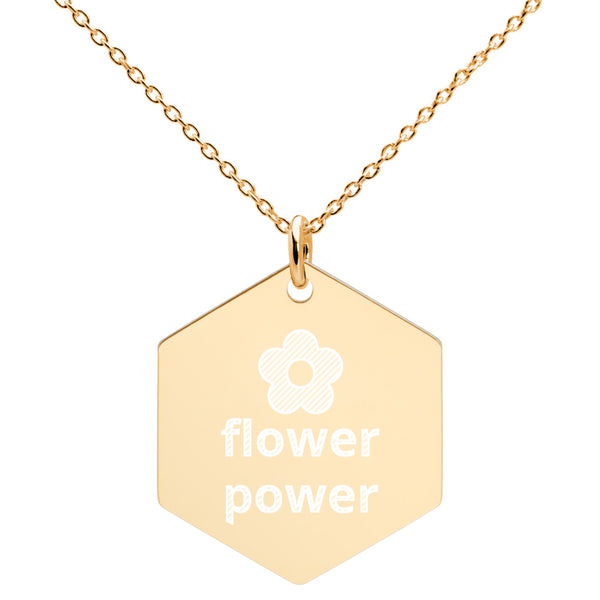 Flower Power Engraved Silver Hexagon Necklace