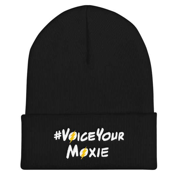 Cuffed Beanie (#VoiceYourMoxie White/Yellow Bolt), Cuffed Beanie. Moxie Chic is a brand that promotes girl power with girl empowerment/female empowerment apparel and other products. #VoiceYourMoxie is our handle for social media outreach because Moxie Chic believes every girl should exercise her voice for positive change (#VoiceYourMoxie).  Our brand celebrates and elevates girls.
