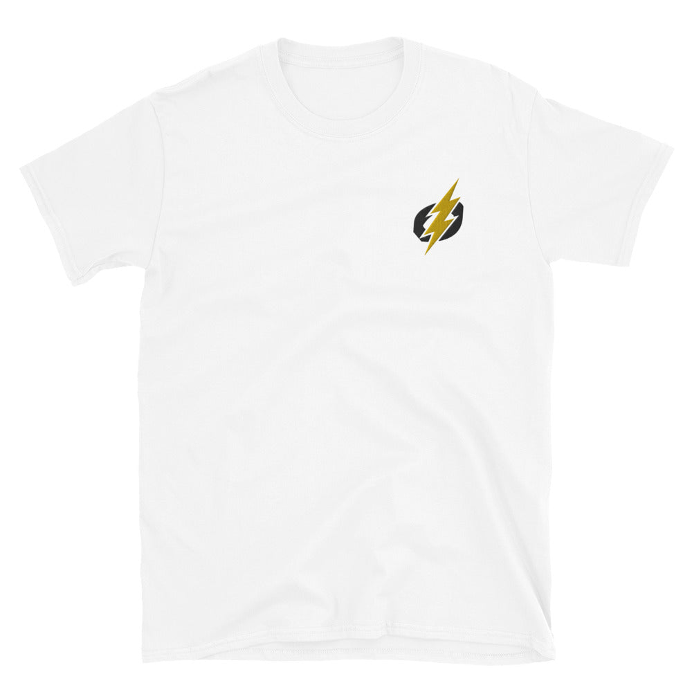 Power Bolt Embroidered Adult Unisex Tee (White Shirt, Yellow/Black Bolt)