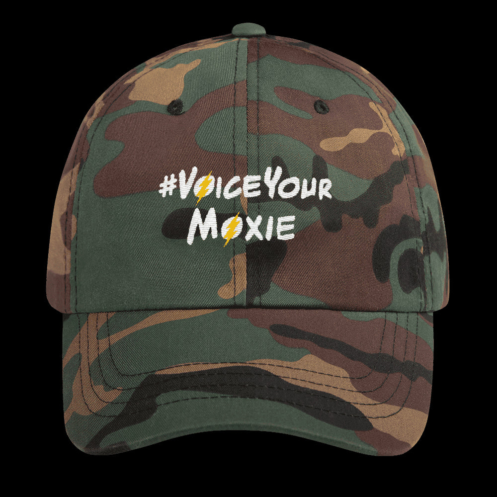 #VoiceYourMoxie Baseball Hat (White/yellow logo), Hats. Moxie Chic is a brand that promotes girl power with girl empowerment/female empowerment apparel and other products. #VoiceYourMoxie is our handle for social media outreach because Moxie Chic believes every girl should exercise her voice for positive change (#VoiceYourMoxie).  Our brand celebrates and elevates girls.