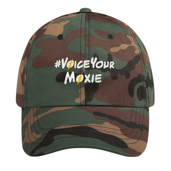 #VoiceYourMoxie Baseball Hat (White/yellow logo), Hats. Moxie Chic is a brand that promotes girl power with girl empowerment/female empowerment apparel and other products. #VoiceYourMoxie is our handle for social media outreach because Moxie Chic believes every girl should exercise her voice for positive change (#VoiceYourMoxie).  Our brand celebrates and elevates girls.