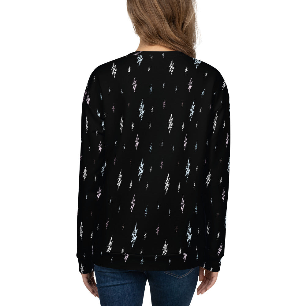 Unisex Center Bolt, Hint of Color Floating Bolts Sweatshirt (Black Sweatshirt, White Center Bolt, Multi Floating Bolts)