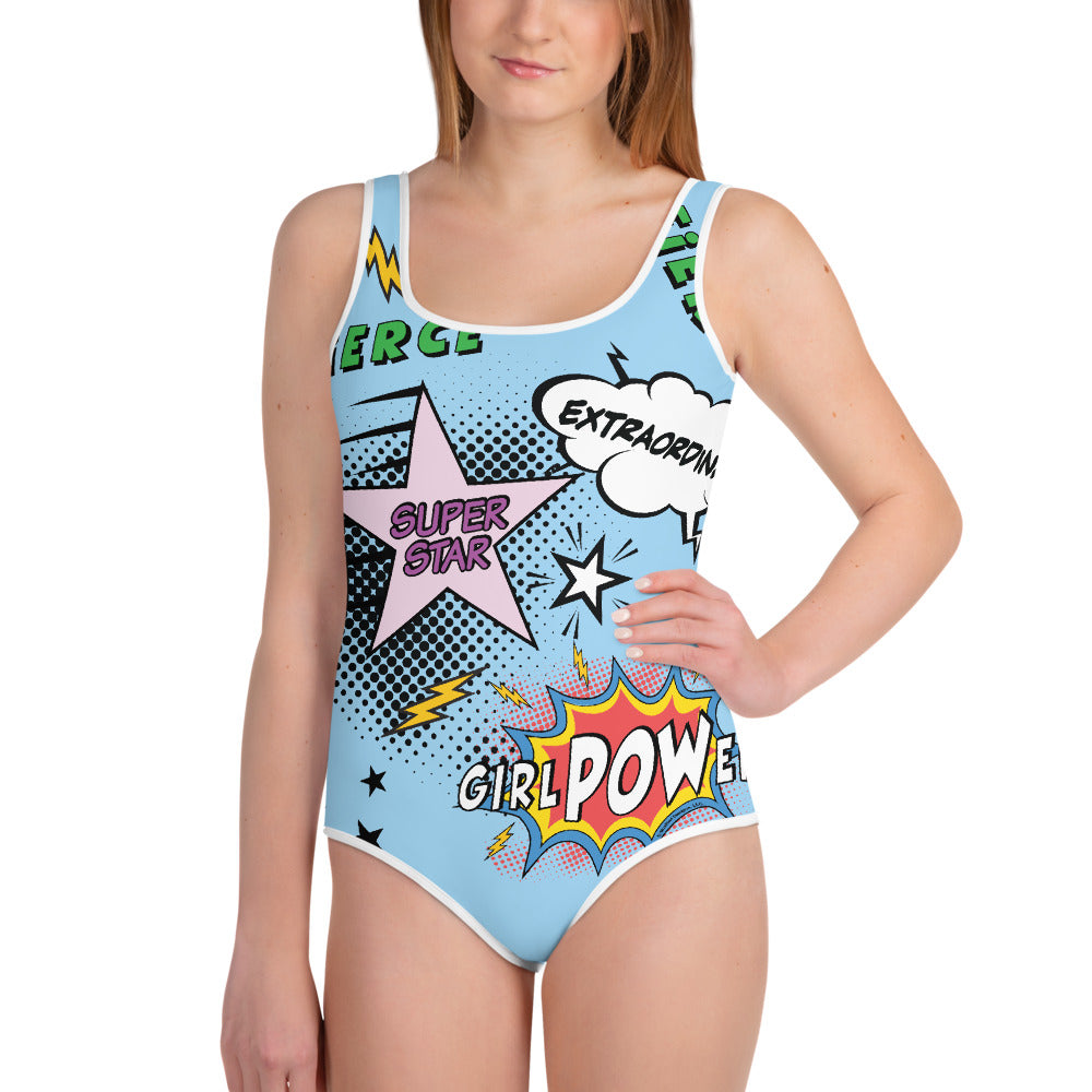 girlPOWer Youth Swimsuit (Multi, Blue Background) – Moxie Chic